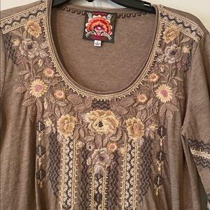 Johnny Was Floral Embroidered Tunic - Brown and Cream